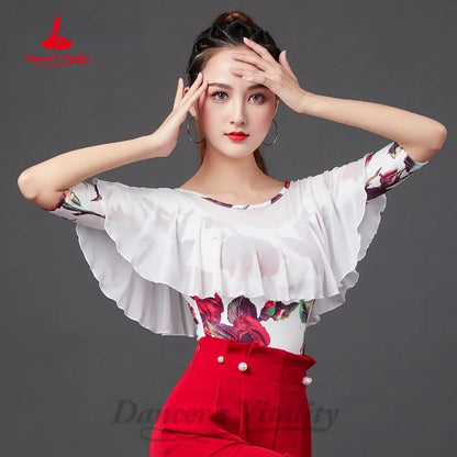 New Latin Dance Practice Clothing Customized Rose Print Half Sleeve Top Tango Chacha Samba Professional Performance Costumes