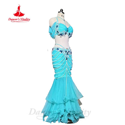 BellyDance Set Women's Customized Luxury Rhinestone Bra+Exquisite Pearl Fishtail Skirt 2pcs Oriental Dance Performance Clothing