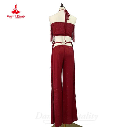 Bellydance Practice Suit Customized Sleeveless Fringe Top+comfortable Long Pants 2pcs Women Oriental Dance Performance Clothing