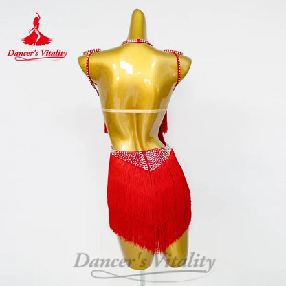 Latin Dance Women's Customized Luxury Diamond Tassel Dress Adult Children Tango Chacha Samba Professional Performance Costumes