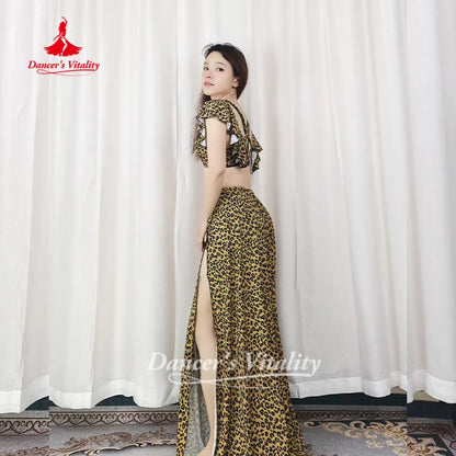 Belly Dance Practice Clothes Sexy Leopard Print V-neck Top+long Skirt 2pcs Adult Oriental Dance Clothing Dancer's Vitality
