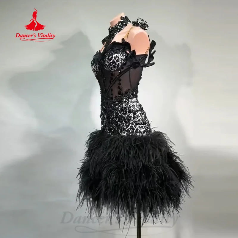 Latin Dancing Performance Clothing Customized Senior Luxury AB Stones Feather Dress Adult Children Chacha Competition Dresses