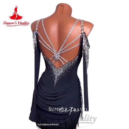 Latin Dance Costumes Customized Long Sleeved Rhinestone Tassel Dress Women's Tango Chacha Samba Professional Performance Costume