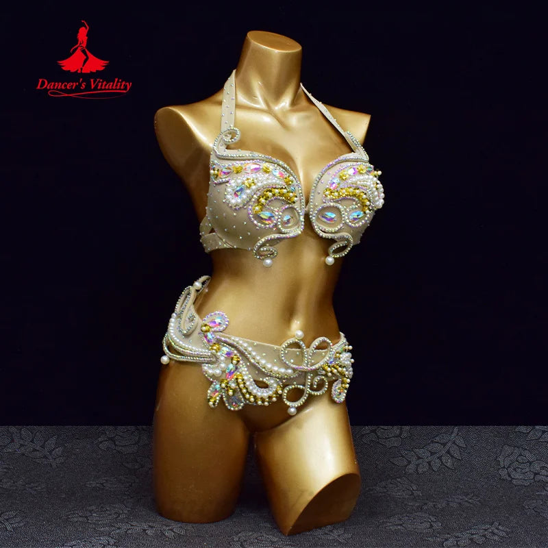 Belly Dancing Performance Costume Customized High End Luxury Rhinestone Exquisite Pearl Suit Oriental Dance Competition Outfit