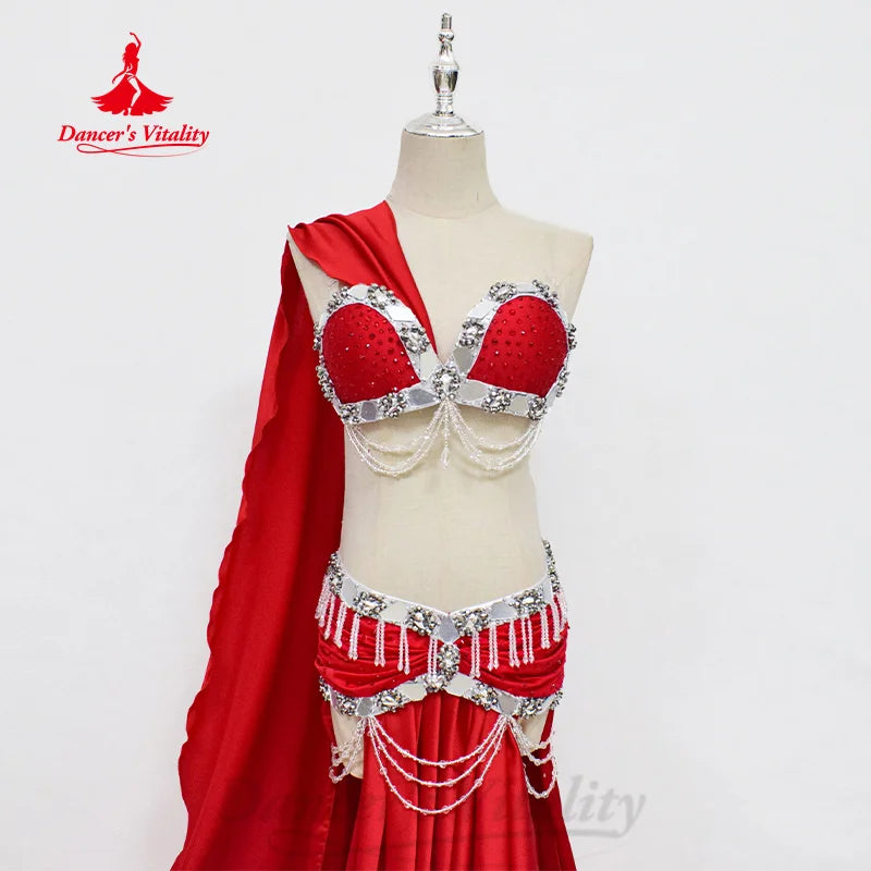 Belly Dancing Performance Costume Women Customized Senior AB Stones Bra+tassel Satin Long Skirt 2pcs Oriental Dance Outfit Suit