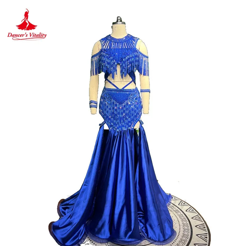 Belly Dance Performance Suit for Women Bra Top+satin Long Skirt 2pcs Customsized Adult Chidlren Oriental Belly Dancing Outfit