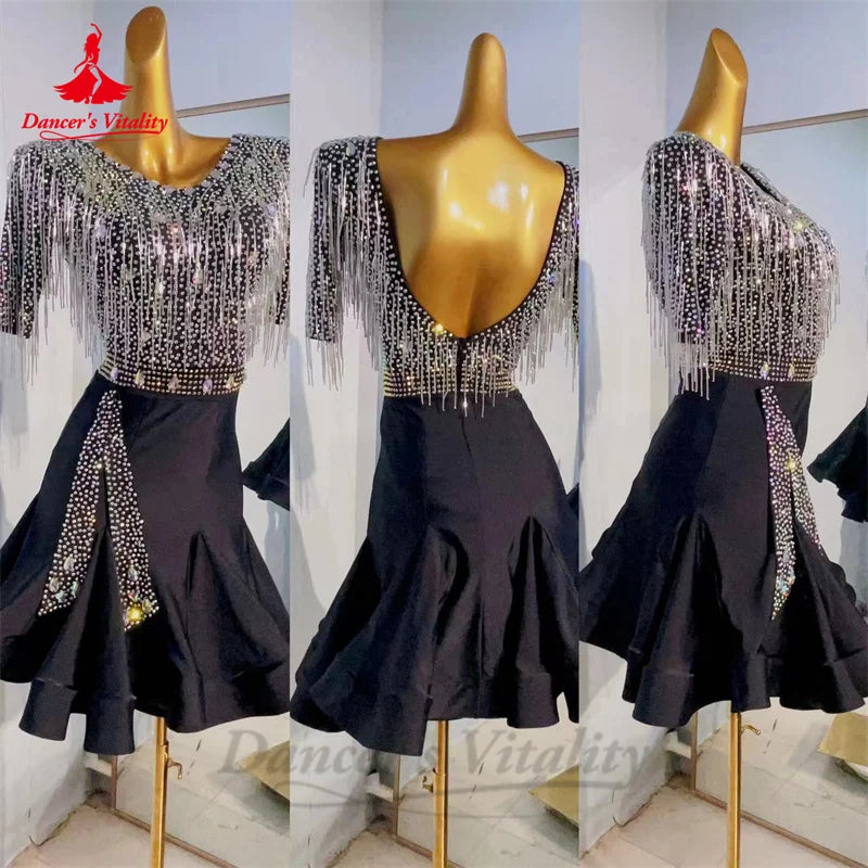 Latin Dance Performance Dress for Women Half Sleeves Spandex AB Stones Rumba Chacha Competiton Clothing Adult Child Latin Skirt