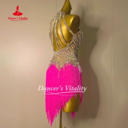 Latin Dance Competition Costumes for Adults and Children Customized High-end Luxury AB Stones Fringe Dresses Dancer's Vitality