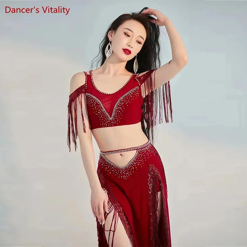 Belly Dance Professional Costumes Set Female Shining Performance Clothing Short Sleeves Top+long Skirt 2pcs Oriental Dance Wear