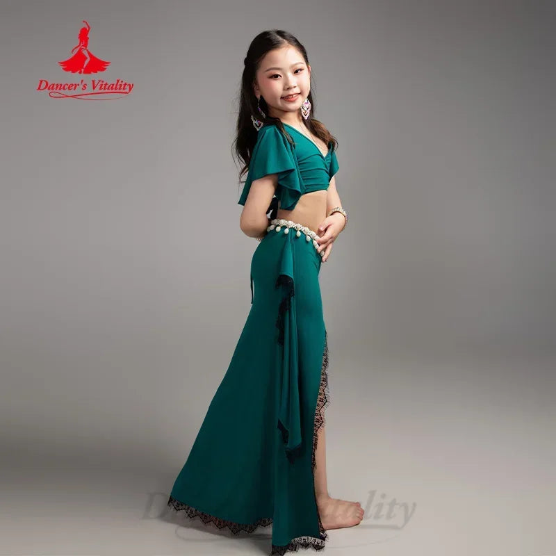 BellyDance Practice Clothes for Kid V-neck Short Sleeved Top+Lace Long Skirt 2pcs Girls Oriental Dance Training Clothing