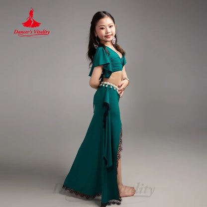 BellyDance Practice Clothes for Kid V-neck Short Sleeved Top+Lace Long Skirt 2pcs Girls Oriental Dance Training Clothing