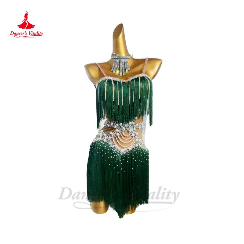 Latin Dance Fringe Dress for Women Custom Rumba Chacha Performance Tassel Skirt Adult Child Latin Dancing Professional Dresses