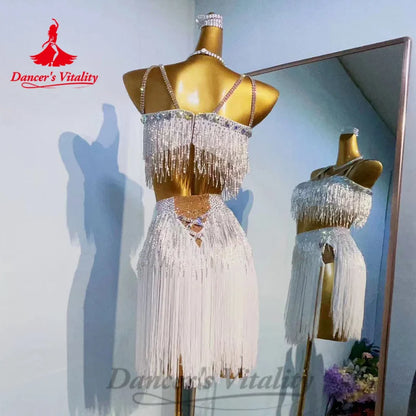 Latin Dance Costumes Set Customized Light Luxury Hot Diamond Top+Tassel Short Skirt 2pcs Tango Chacha Rumba Performance Costume