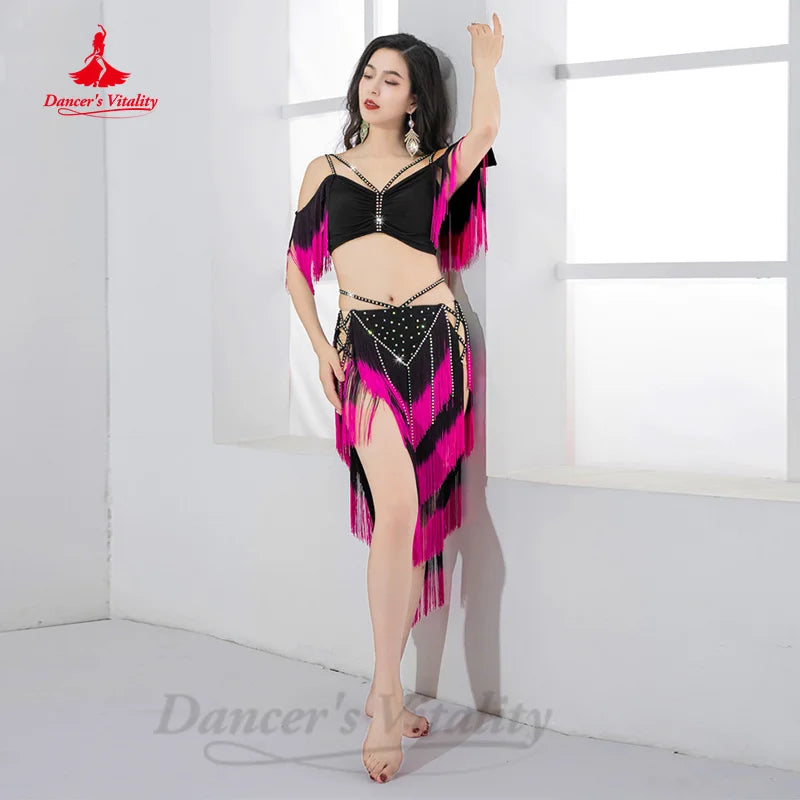 Belly Dancing Performance Set Customized Light Luxury Rhinestone Top+Sexy Split Tassels Skirt 2pcs Women Oriental Dance Clothing