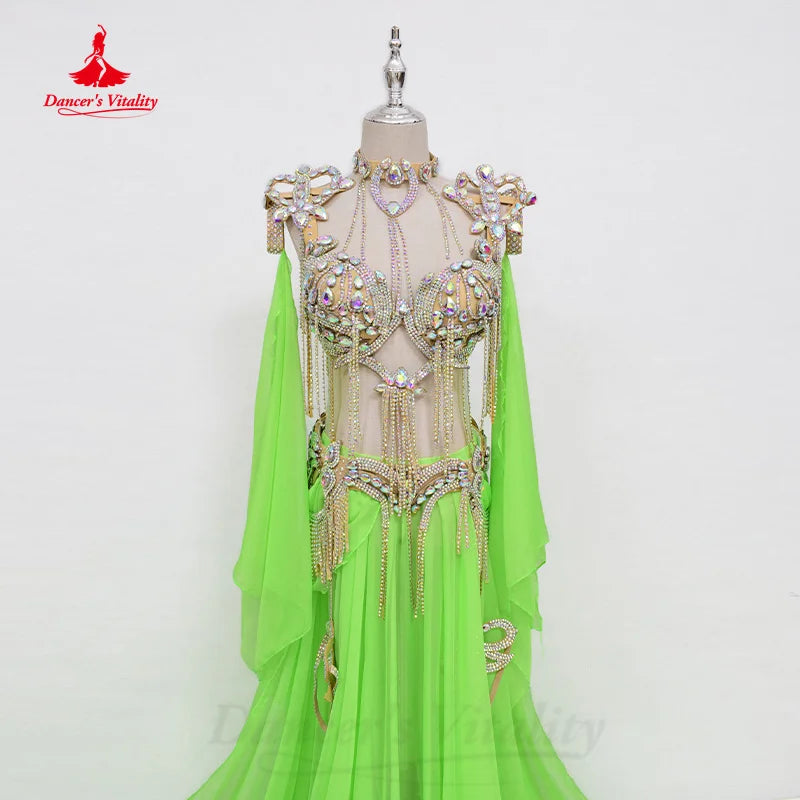 Bellydance Clothing Suit Customized Senior AB Stones Bra+Sexy Chiffon Split Long Skirt 2pcs Oriental Dance Performance Costumes