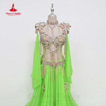 Bellydance Clothing Suit Customized Senior AB Stones Bra+Sexy Chiffon Split Long Skirt 2pcs Oriental Dance Performance Costumes