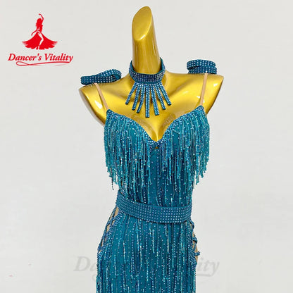 Latin Dance Performance Costumes Senior Diamond Backless Tassel Dress Customized Adult Children Tango Samba Latin Dance Dress