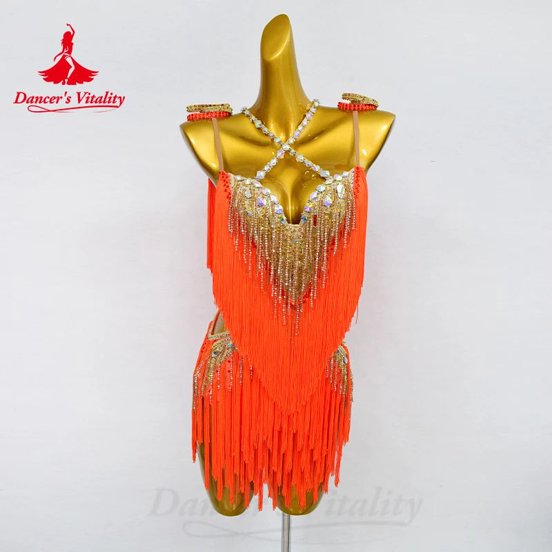 Latin Dance Fringe Dress Women Customsized Senior AB Stones Performance Clothing Tango Chacha Latin Dancing Professional Dresses