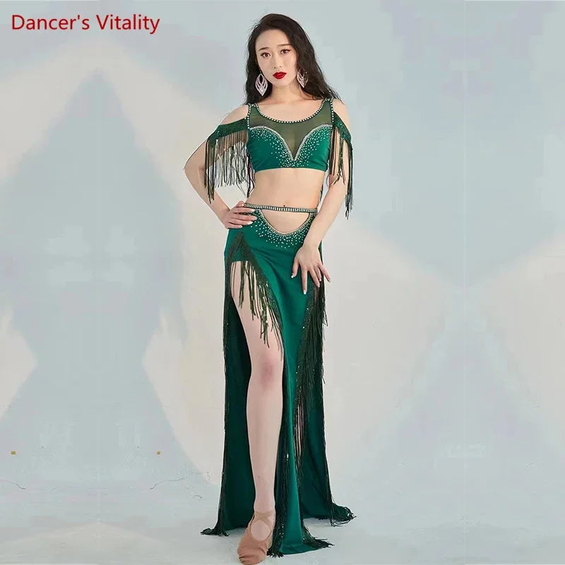 Belly Dance Professional Costumes Set Female Shining Performance Clothing Short Sleeves Top+long Skirt 2pcs Oriental Dance Wear