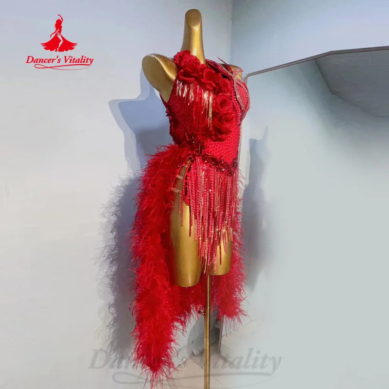 Latin Dance Performance Clothing Women's Customized High Luxury Feather Diamond Tassel Dress Adult Children Competition Dresses