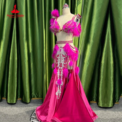 Bellydance Set Customized Feather AB Stones Bra+senior Satin Tassel Long Skirt  Adult Children Oriental Dance Performance Suit