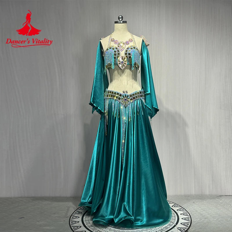 Belly Dance Costume Suit Customized Diamond Tassels Bra+Satin Long Skirt+Hand Sleeves 3ps Oriental Dance Performance Costumes