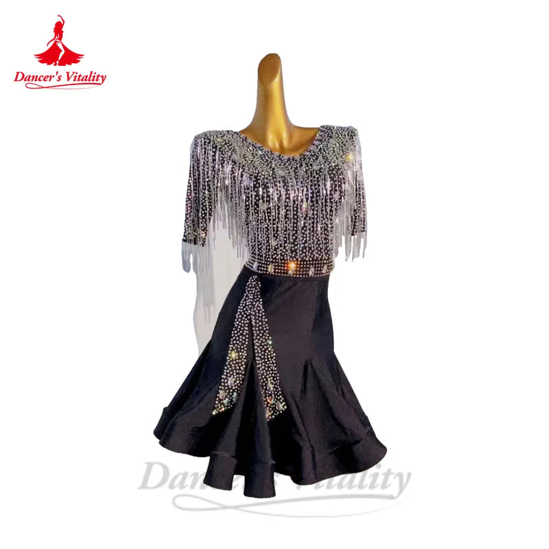 Latin Dance Performance Dress for Women Half Sleeves Spandex AB Stones Rumba Chacha Competiton Clothing Adult Child Latin Skirt