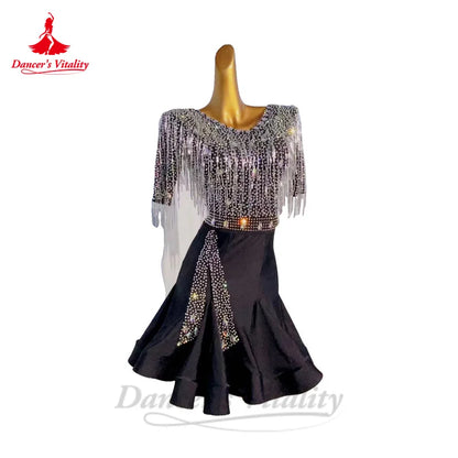 Latin Dance Performance Dress for Women Half Sleeves Spandex AB Stones Rumba Chacha Competiton Clothing Adult Child Latin Skirt