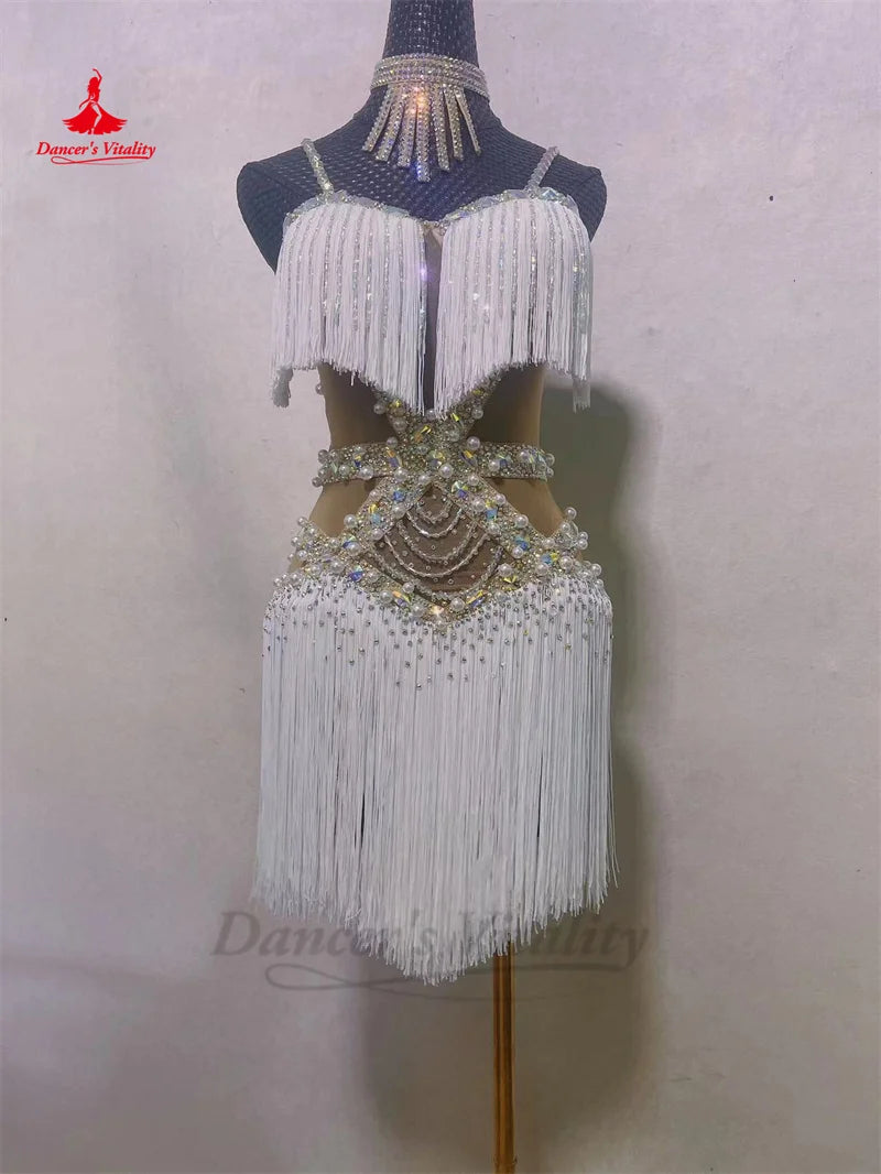 Latin Dance Fringe Dress for Women Custom Rumba Chacha Performance Tassel Skirt Adult Child Latin Dancing Professional Dresses