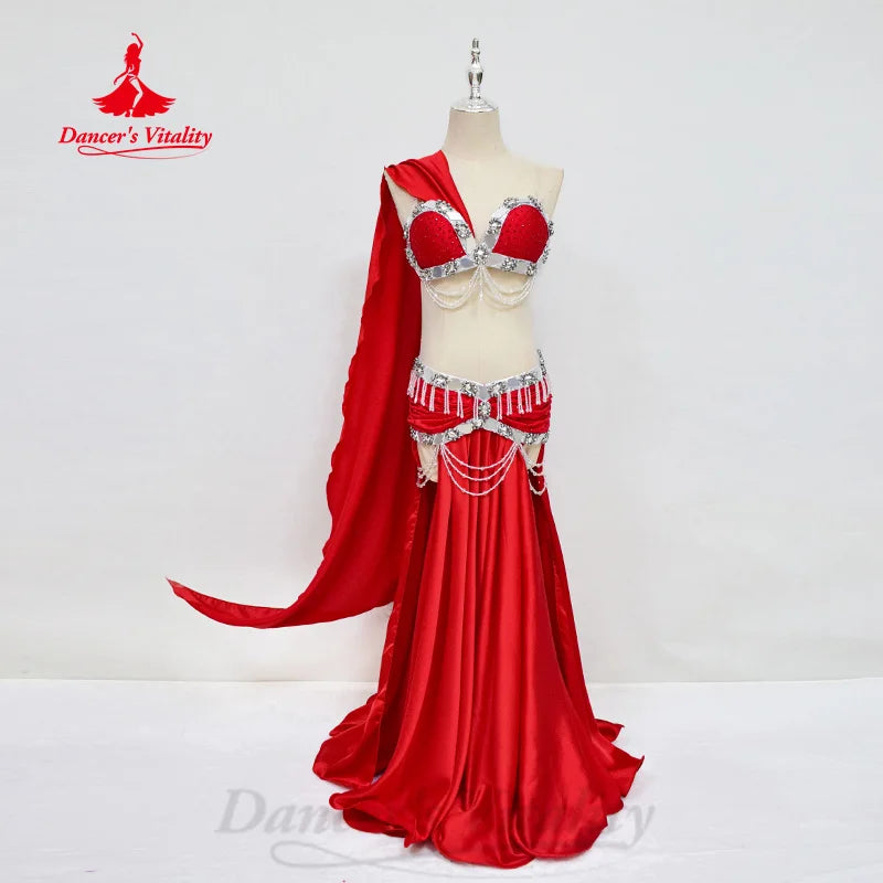 Belly Dancing Performance Costume Women Customized Senior AB Stones Bra+tassel Satin Long Skirt 2pcs Oriental Dance Outfit Suit