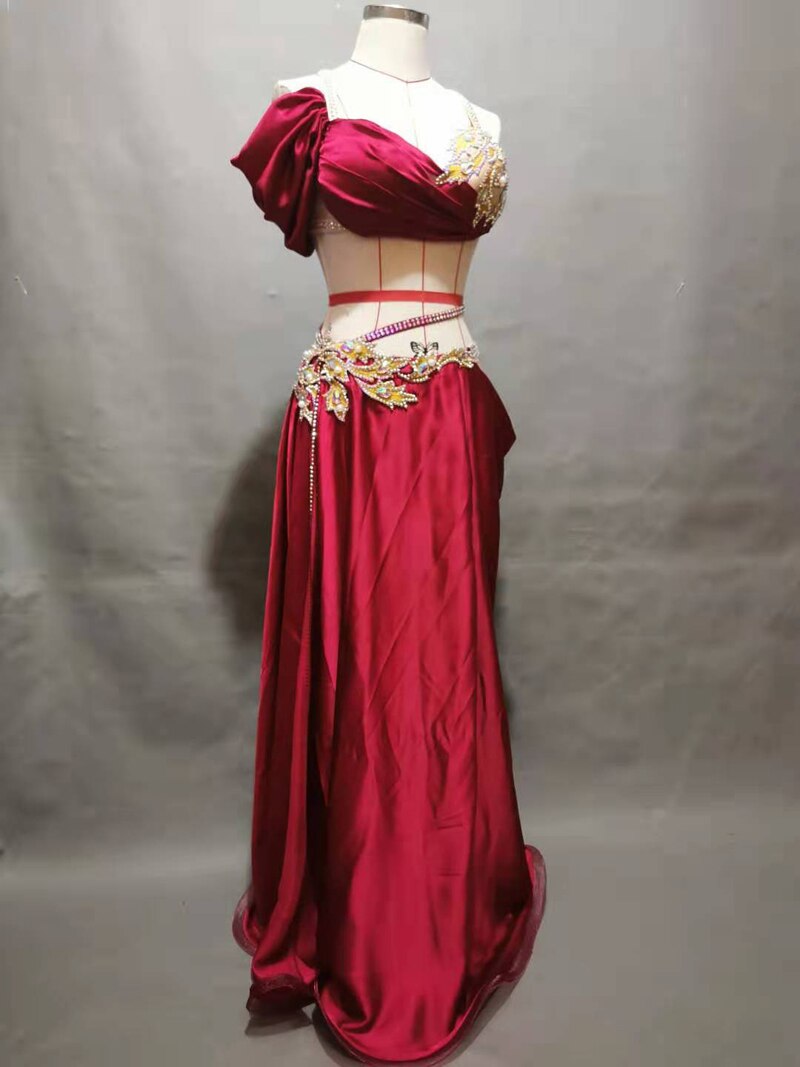 Belly Dance Performance Costume Set for Women Customized Hand Made Stones Bra+split Stain Skirt 2pcs Female Oriental Dance Wear