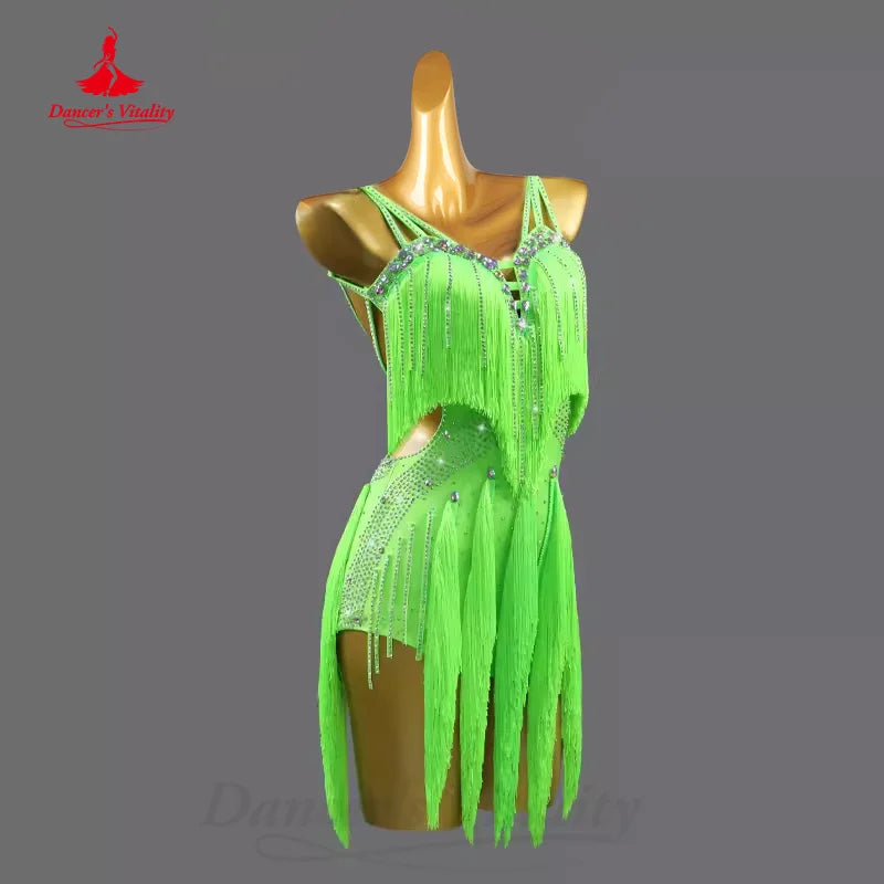 Latin Dance Competition Dresses Customized Luxurious Rhinestone Sexy Backless Tassel Dress Tango Chacha Samba Perform Clothing