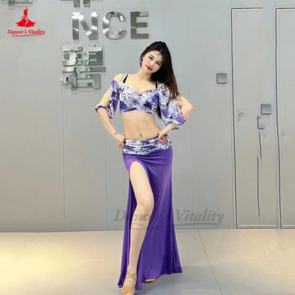 Belly Dance Practice Clothes Suit Mesh Printing Half Sleeves Top+long Skirt 2pcs for Women Belly Dancing Training Suit