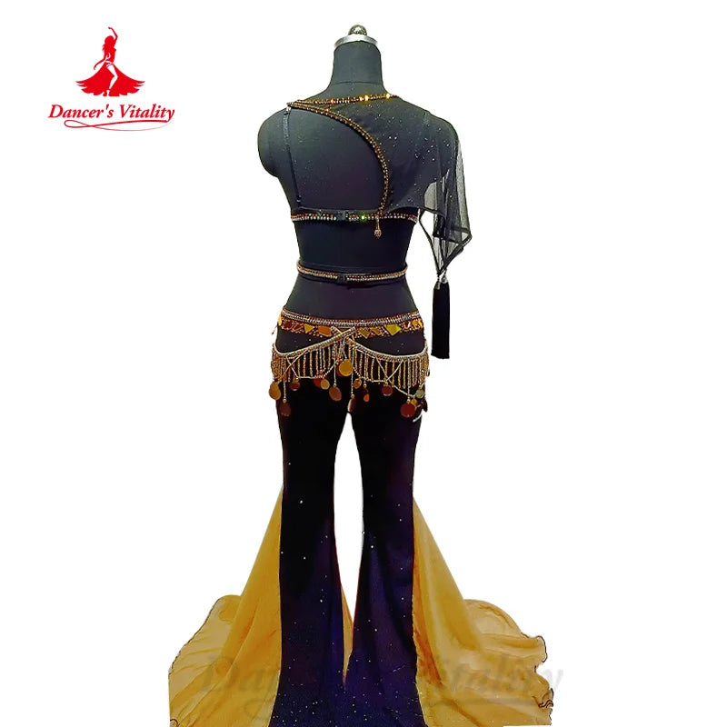 BellyDance Costume Women Customized Diamond Tassel Bra+Sexy Tight Horn Pants 2pcs Belly Dance Professional Performance Costumes