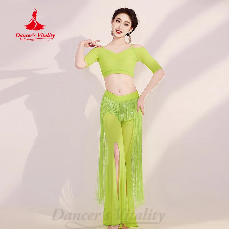 BellyDance Practice Set Women's Customized Half Sleeved V-neck Top+Tassel Split Pants 2pcs Oriental Dance Performance Clothing