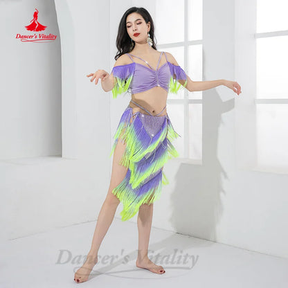 Belly Dancing Performance Set Customized Light Luxury Rhinestone Top+Sexy Split Tassels Skirt 2pcs Women Oriental Dance Clothing