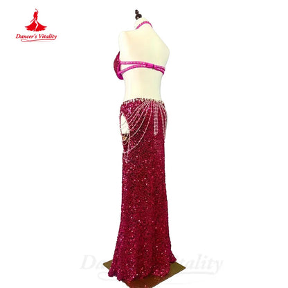 BellyDance Costume Customized Luxury Rhinestones Bra+Sexy Sequin Long Skirt Set Oriental Dance Professional Performance Clothing