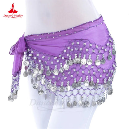 Belly Dance Belt for Women Chiffon Gold Coines Oriental Dancing Wear Accessies Girl's Chiffon Silver Coines Bellydance Hip Scarf