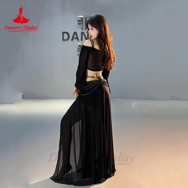 Belly Dance Costume Set for Women Mesh Long Sleeves Top+gauze Long Skirt 2pcs Training Set Oriental Belly Dancing Wear Outfit