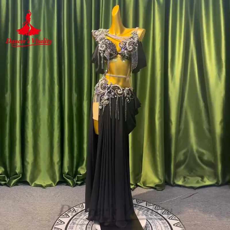 Bellydance Costume Customized Senior ABStones Bra+split Chiffon Long Skirt 2pcs Oriental Dance Professional Performance Clothing