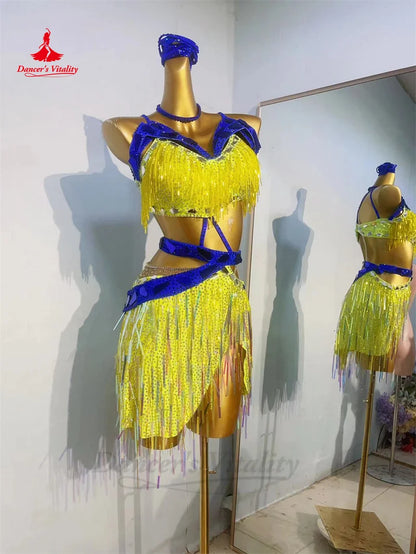 Latin Dance Fringe Dress for Women Custom AB Stones Sequins Rumba Chacha Tango Performance Profession Skirt Latin Tassel Dresses