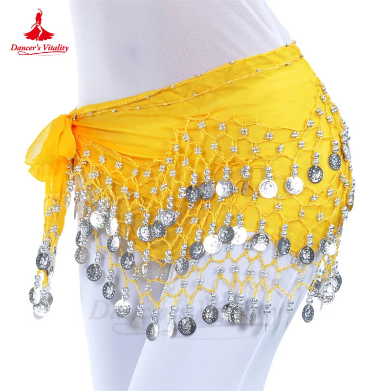 Belly Dance Belt for Women Chiffon Gold Coines Oriental Dancing Wear Accessies Girl's Chiffon Silver Coines Bellydance Hip Scarf