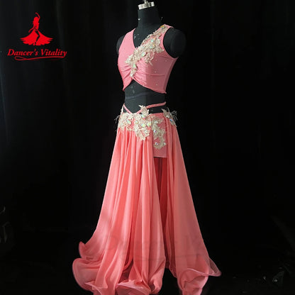 Belly Dance Performance Costume for Women Customsized Sleeveless Top+chiffon Long Skirt 2pcs Adult Children Belly Dancing Outfit