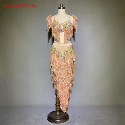 Belly Dance Set Sequins Sling Bra Tassel Skirt Performance Clothes Suit High-End Custom Adult Child Elegant Competition Clothing