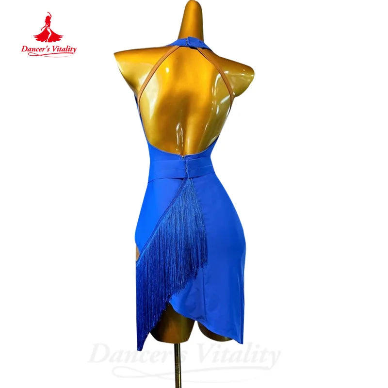 Latin Dance Practice Costume Customized Customized V-neck Sexy Backless Tassel Dress Women Tango Rumba Samba Competition Dresses