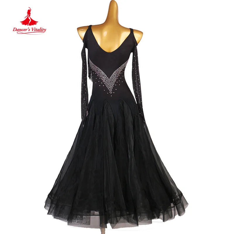 Modern Dancing Clothing Women Customized Long Sleeved Light Luxury Rhinestone Dress Waltz Ballroom Dance Competition Dresses