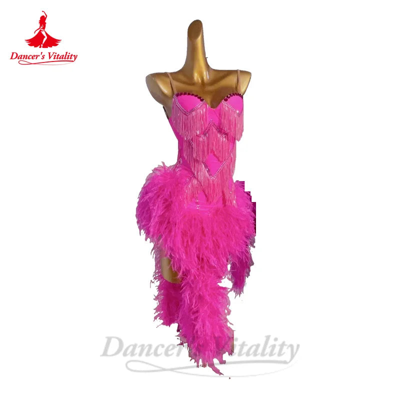 Latin Dance Performance Dress for Women Senior Feather Rumba Chacha Competiton Costume Skirt Adult Child Adult Latin Dresses