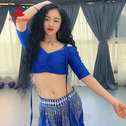 BellyDance Set Women Customized V-neck Short Sleeved Top+Tassel Long Skirt 2pcs Oriental Dance Professional Performance Costumes