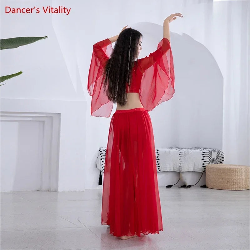 Belly Dance Costume Set Loudspeaker Sleeves+sexy Split Chiffon Skirt 2pcs Customzied Adult Child Oriental Dance Wear 6XL