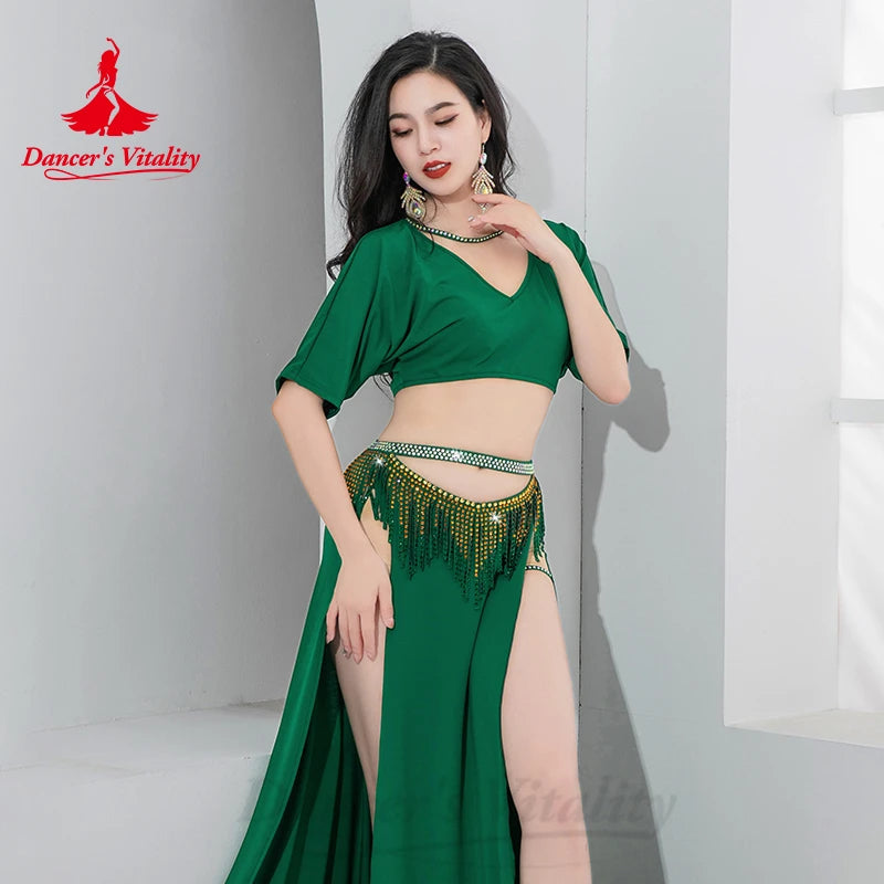 Bellydance Costume Set Customized Short Sleeved Vneck Top+Sexy Split Long Skirt 2pcs Women's Oriental Dance Performance Clothing